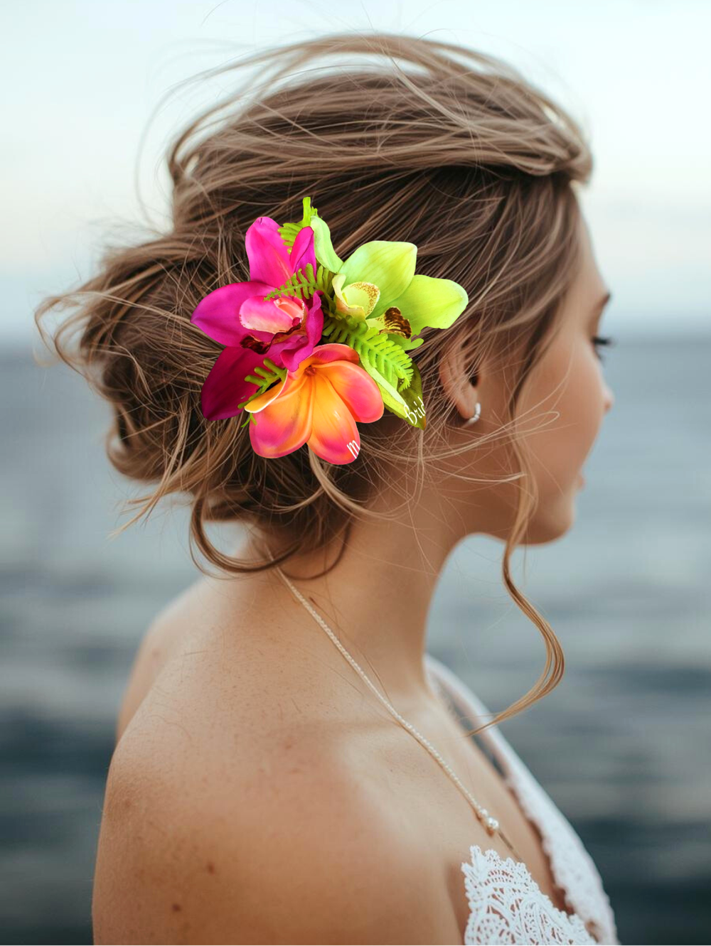 Real Touch Plumeria, Silk Fuchsia & Green Silk Orchid Wedding Hair